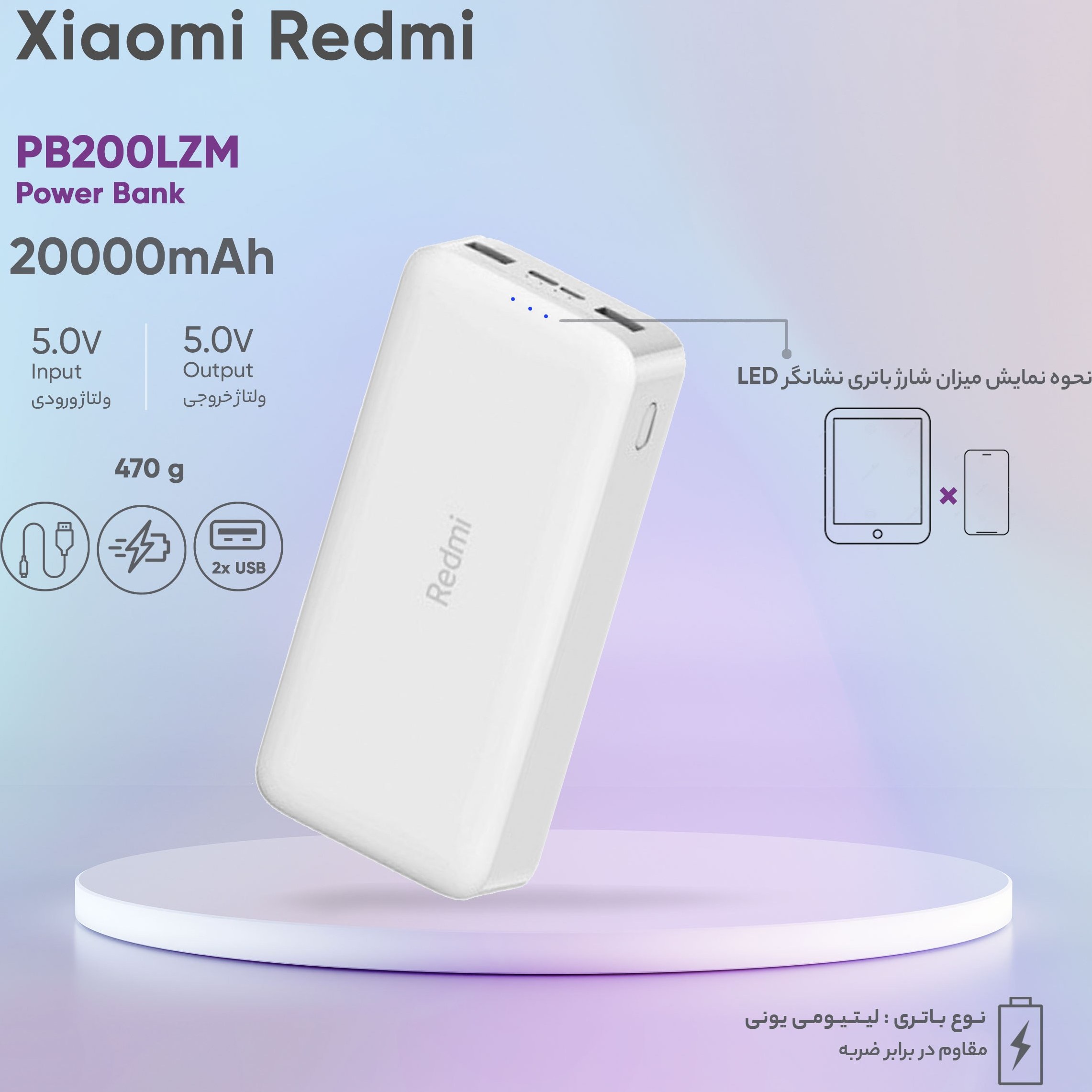 پاوربانک شیائومی Redmi PB200LZM ظرفیت 20000 میلی‌آمپرساعت (اصل)