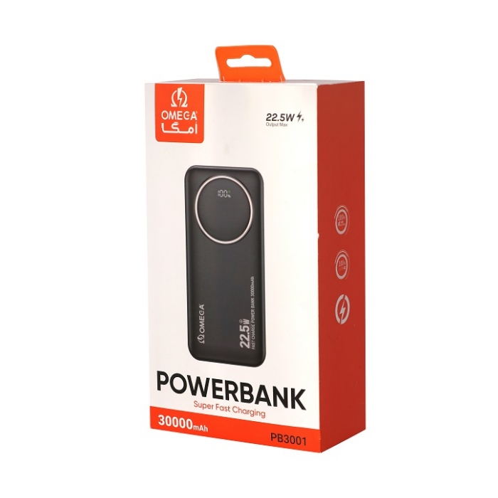 پاوربانک امگا مدل PB3001 همراه با 4 کابل ظرفیت 30000 میلیآمپر ساعت