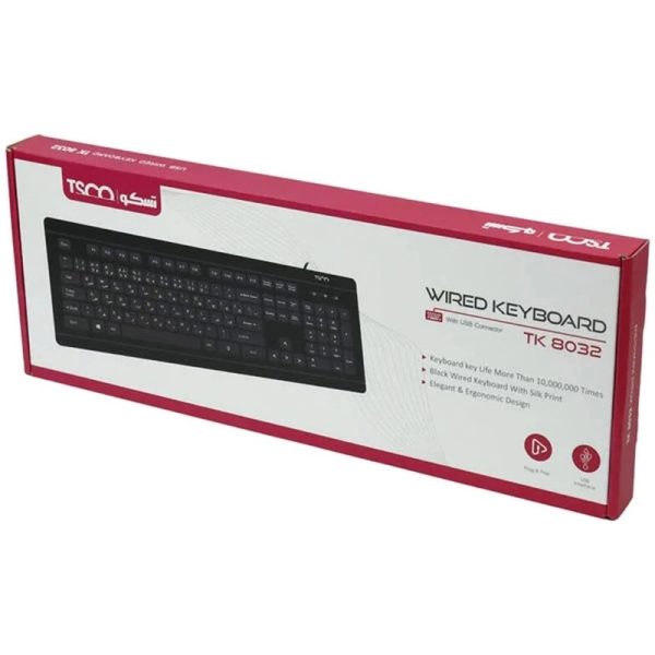 کیبورد تسکو مدل TK 8032 با سوییچ ممبران، Full Size، پایههای قابل تنظیم، حروف حک شده فارسی